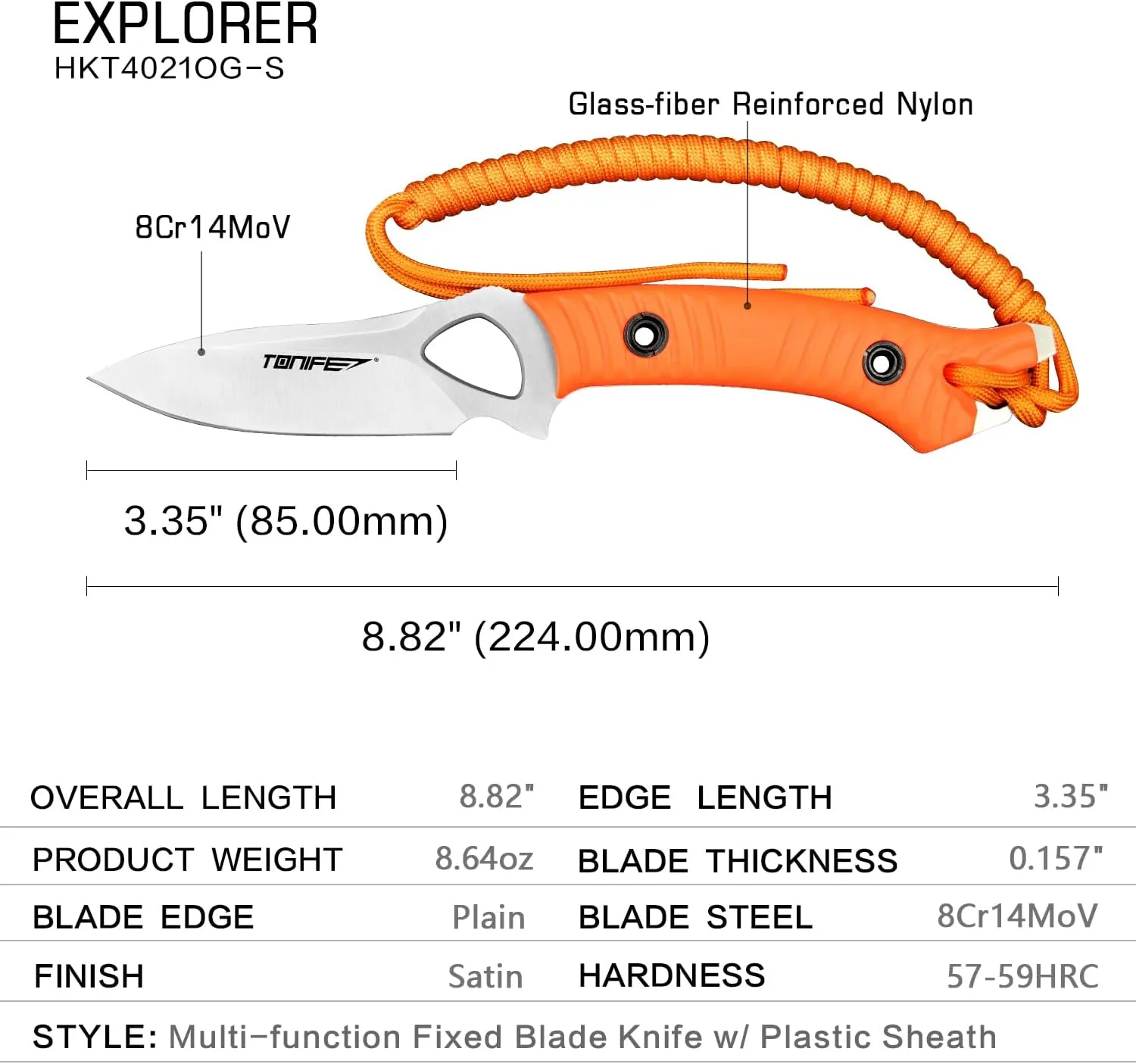 TONIFE Explorer Fixed Blade Knife with Sheath 8Cr14moV Multifunctional Survival Knife Blade with Fiberglass Reinforced Nylon Handle for Outdoor EDC Knife