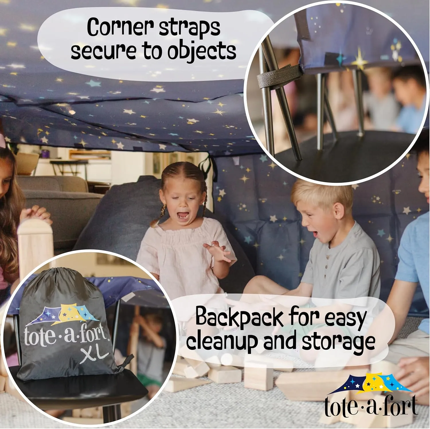 Tote a Fort Starry XL Blanket Fort Building Kit for Kids, 4 Blanket TOTEAFORT Toy, Make a Portable Playhouse, Play Tent Boy and Girl Indoor Outdoor Build Set, STEM Children Toy, Ages 4, 8, 12  