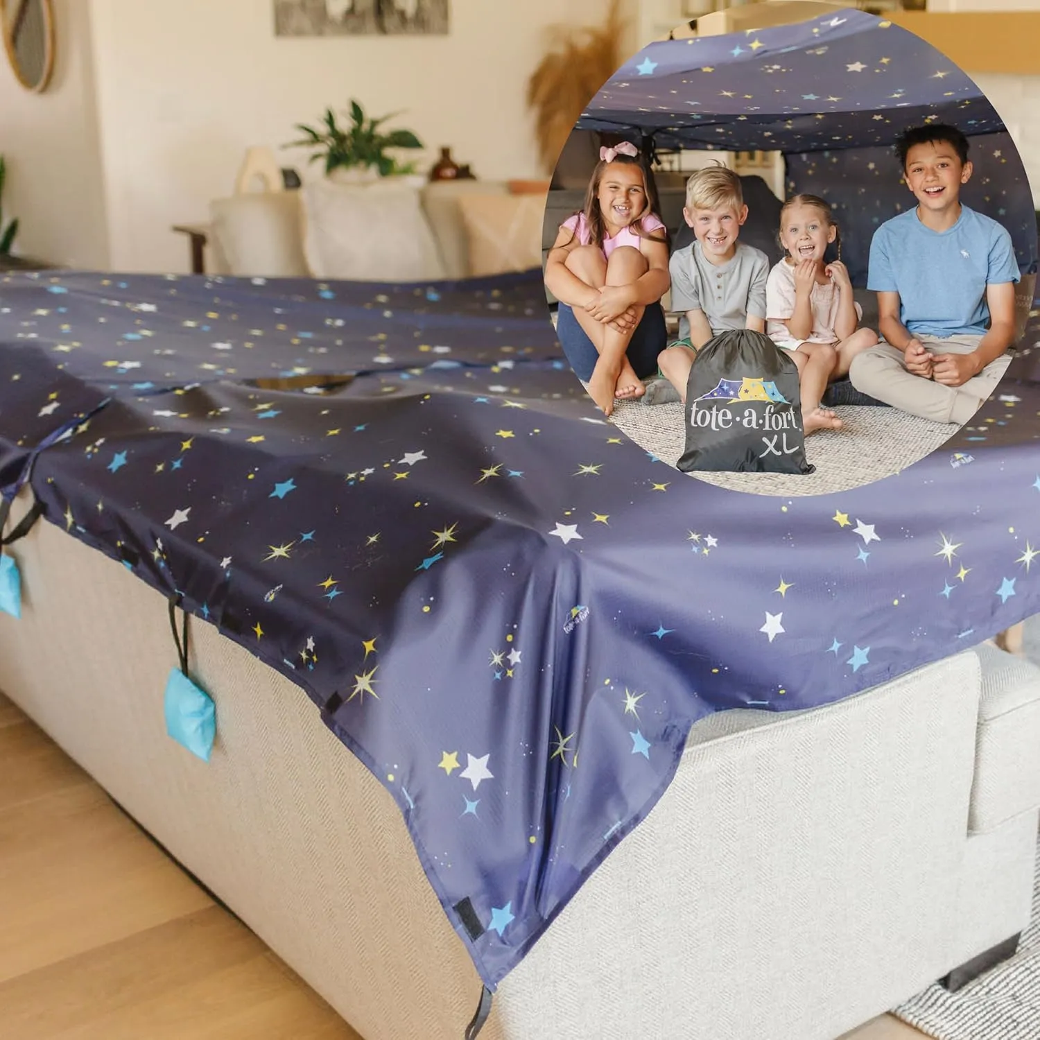 Tote a Fort Starry XL Blanket Fort Building Kit for Kids, 4 Blanket TOTEAFORT Toy, Make a Portable Playhouse, Play Tent Boy and Girl Indoor Outdoor Build Set, STEM Children Toy, Ages 4, 8, 12  