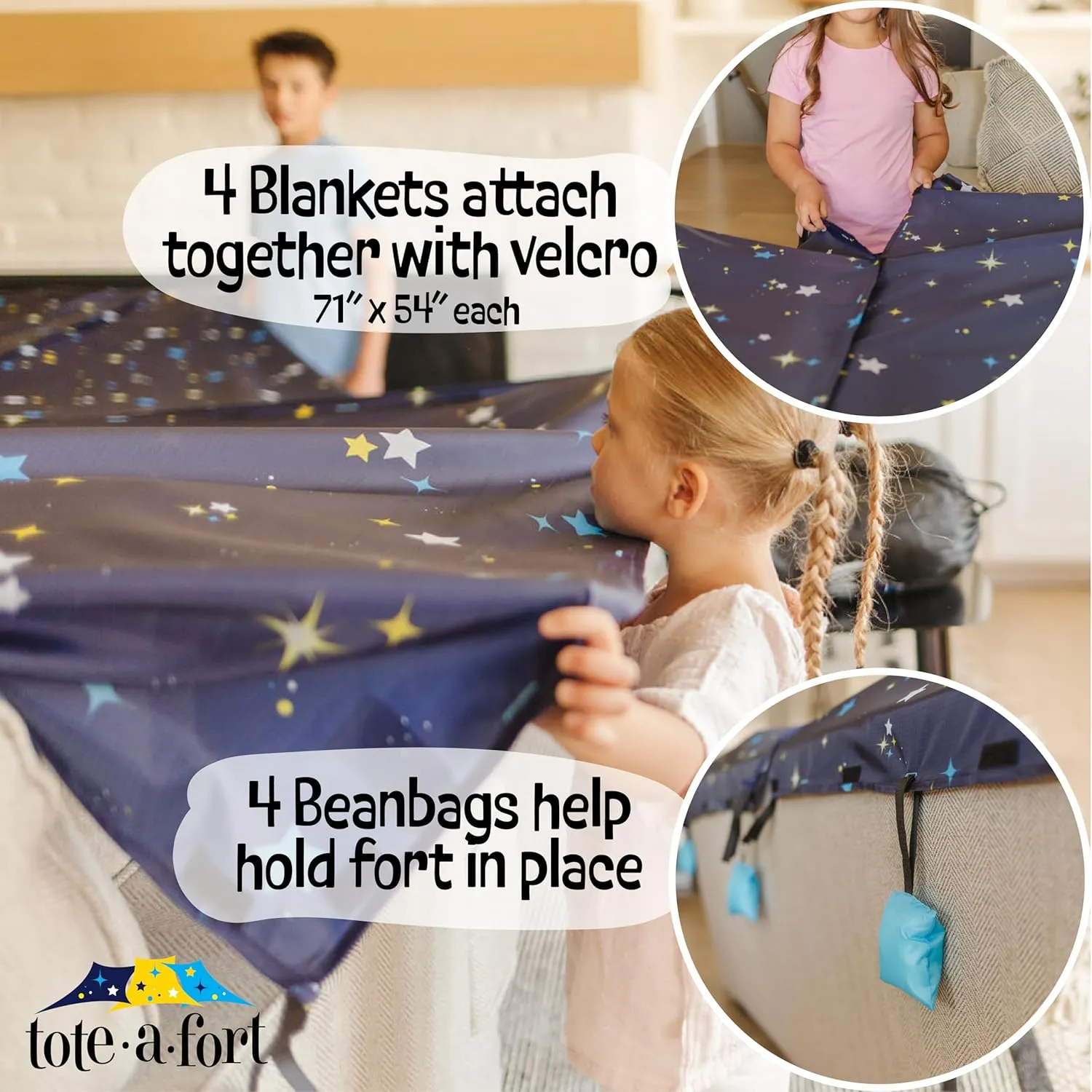 Tote a Fort Starry XL Blanket Fort Building Kit for Kids, 4 Blanket TOTEAFORT Toy, Make a Portable Playhouse, Play Tent Boy and Girl Indoor Outdoor Build Set, STEM Children Toy, Ages 4, 8, 12  