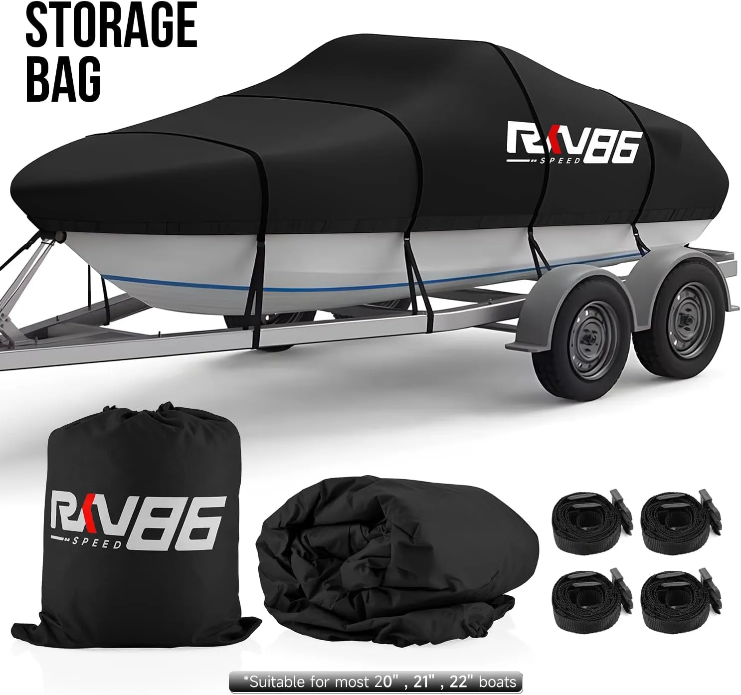 Trailerable Boat Cover, 20'- 22' Heavy Duty 600D Waterproof Tarp Covers with Storage Bag, Marine Grade Polyester Canvas, Fits 20-22ft Bass Boat, V-Hull, Tri-Hull, Runabout Bowrider Boat (Black)