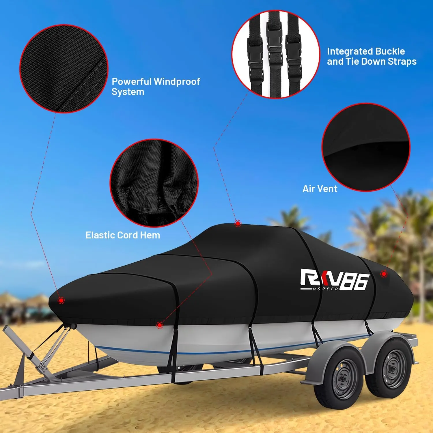 Trailerable Boat Cover, 20'- 22' Heavy Duty 600D Waterproof Tarp Covers with Storage Bag, Marine Grade Polyester Canvas, Fits 20-22ft Bass Boat, V-Hull, Tri-Hull, Runabout Bowrider Boat (Black)