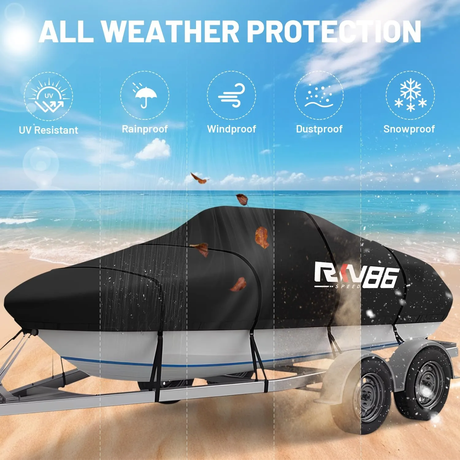 Trailerable Boat Cover, 20'- 22' Heavy Duty 600D Waterproof Tarp Covers with Storage Bag, Marine Grade Polyester Canvas, Fits 20-22ft Bass Boat, V-Hull, Tri-Hull, Runabout Bowrider Boat (Black)