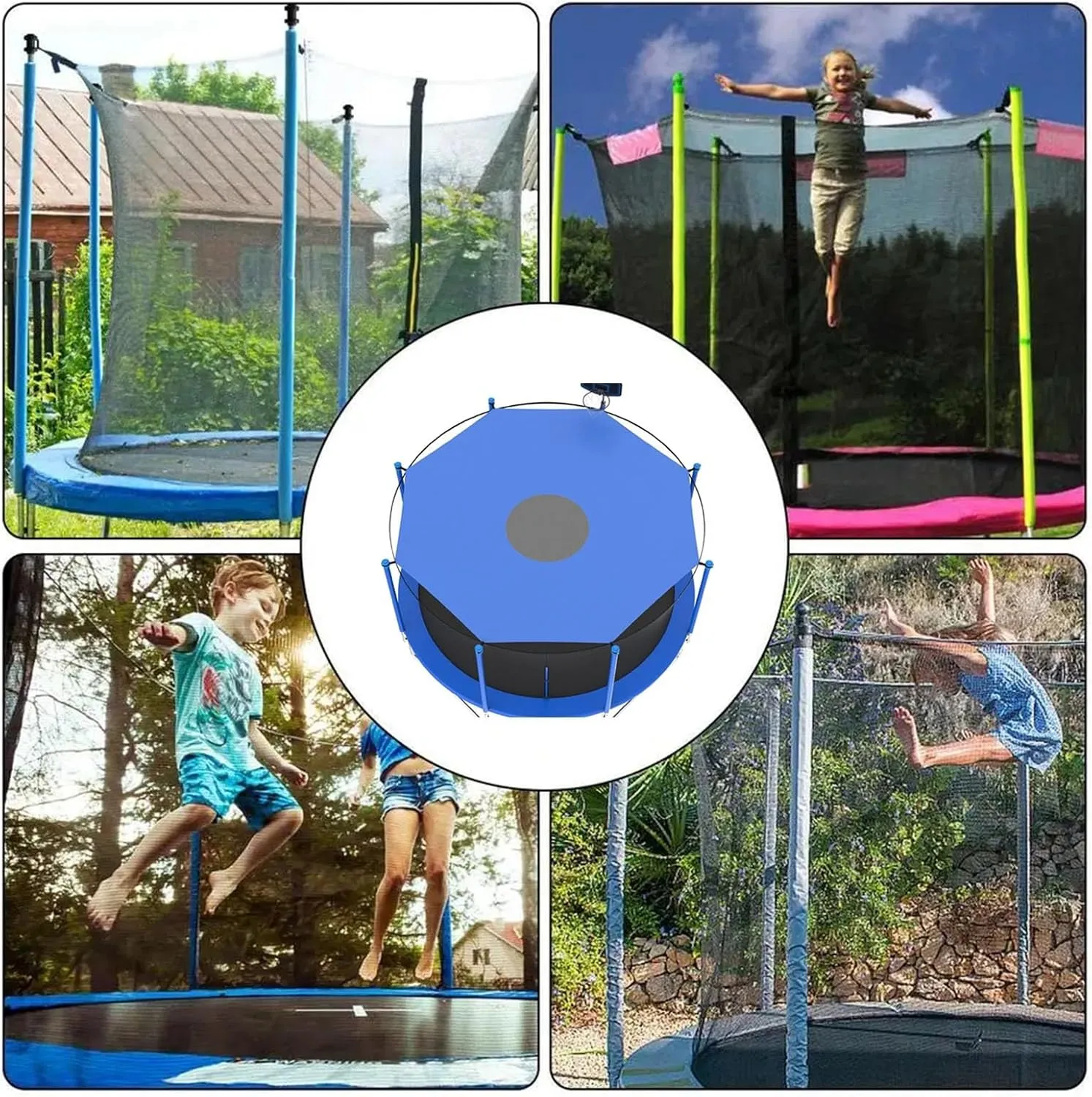 Trampoline Top Cover, 6-16ft Sun-Protection Trampolines Canopy Waterproof Trampoline Sunshade Tarp Accessories for 6/8/12-Pole Trampoline(Blue,6ft-6 Poles)