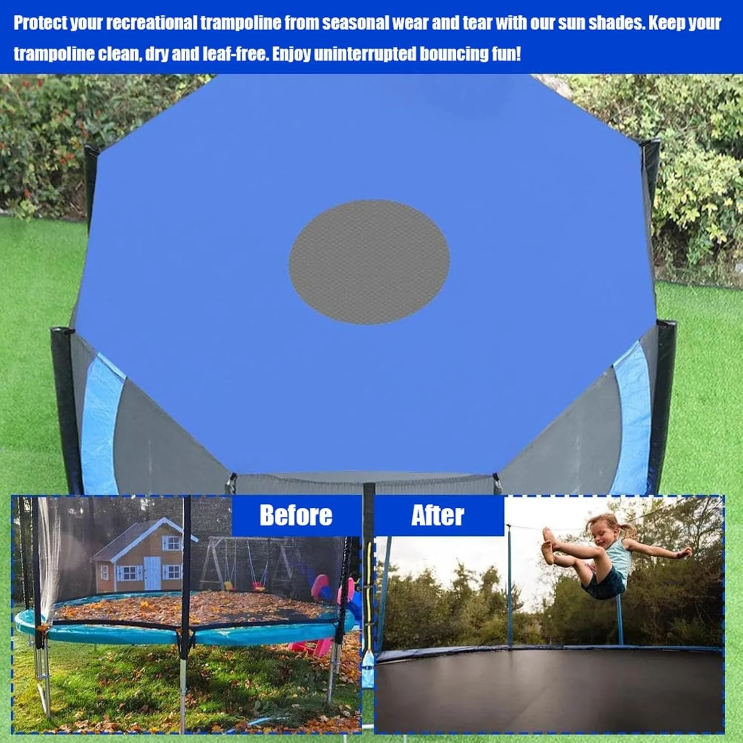 Trampoline Top Cover, 6-16ft Sun-Protection Trampolines Canopy Waterproof Trampoline Sunshade Tarp Accessories for 6/8/12-Pole Trampoline(Blue,6ft-6 Poles)