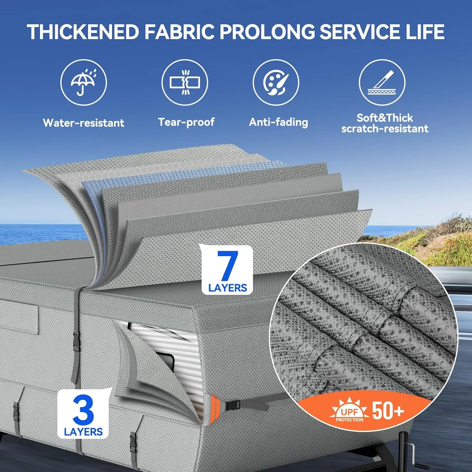 Tuszom Waterproof Pop Up Camper Cover Extra Thick 5 2 Layers Tearproof Popup Trailer Camper Cover, Fits 8'-10' Folding Tent Camper Cover with Storage Bag (7 Layers Non-Woven Fabric)