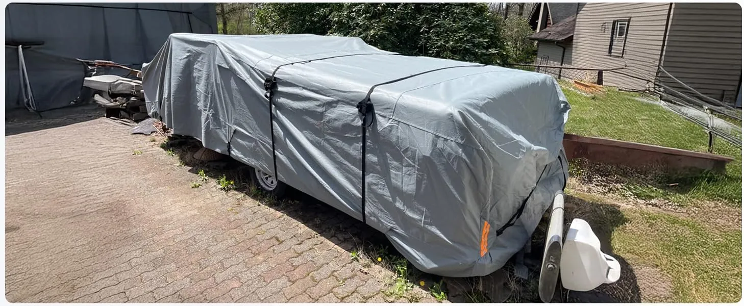 Tuszom Waterproof Pop Up Camper Cover Extra Thick 5 2 Layers Tearproof Popup Trailer Camper Cover, Fits 8'-10' Folding Tent Camper Cover with Storage Bag (7 Layers Non-Woven Fabric)