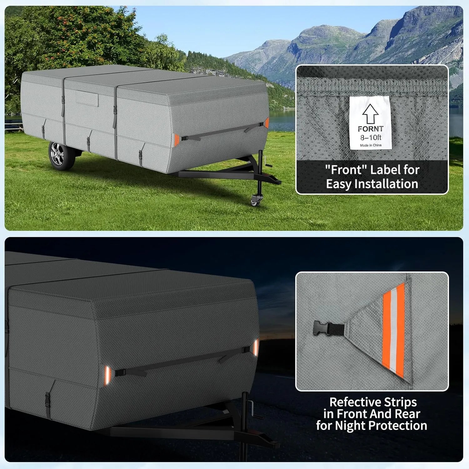 Tuszom Waterproof Pop Up Camper Cover Extra Thick 5 2 Layers Tearproof Popup Trailer Camper Cover, Fits 8'-10' Folding Tent Camper Cover with Storage Bag (7 Layers Non-Woven Fabric)