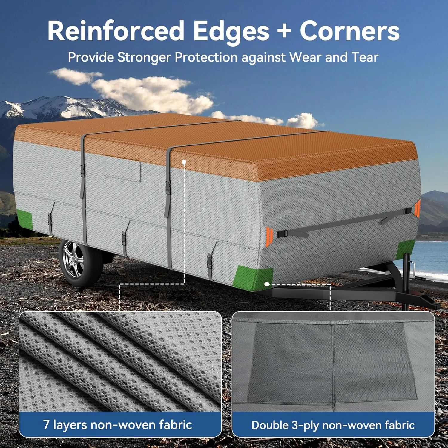 Tuszom Waterproof Pop Up Camper Cover Extra Thick 5 2 Layers Tearproof Popup Trailer Camper Cover, Fits 8'-10' Folding Tent Camper Cover with Storage Bag (7 Layers Non-Woven Fabric)