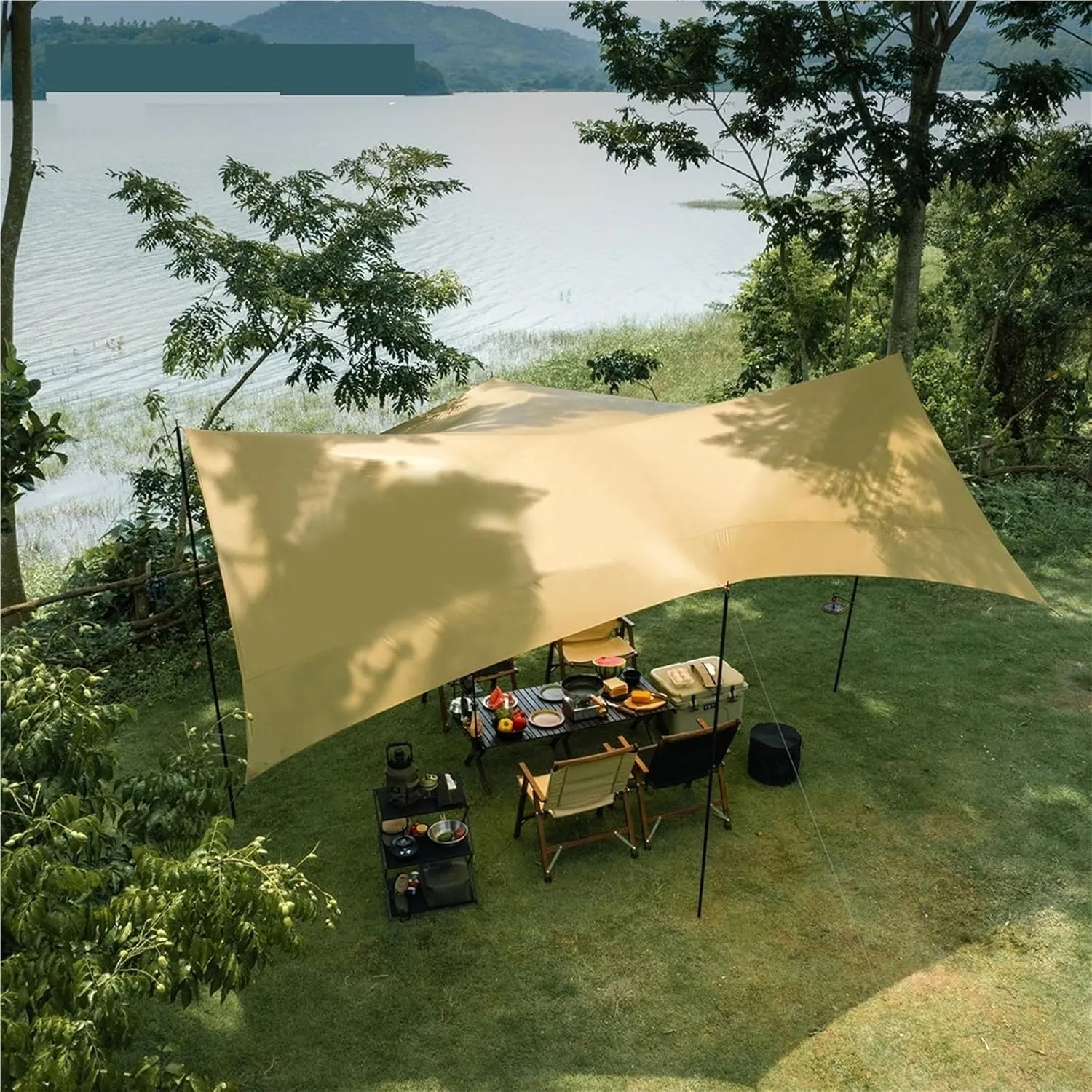 Ultralight Hiking Awning Only 360g for 2-8 People 15D Double Silicon Coating Camping Canopy Sun Tarp 3x3 4x3 4x4.5m for Outdoors, Picnic(Khaki,4x3.0m)