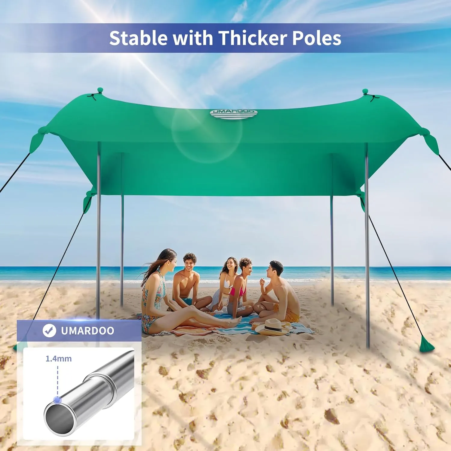 UMARDOO Family Beach Tent Canopy Sun Shade Portable, Large Compact Beach Sun Shelter Easy Setup with Packable Bag for Outdoor Travel (Green, 10X10 FT. 4Poles)