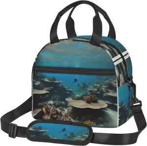 Underwater Ocean View Print Lunch Bag Tote Reusable Lunch Box Container with Shoulder Strap Work Picnic Adult
