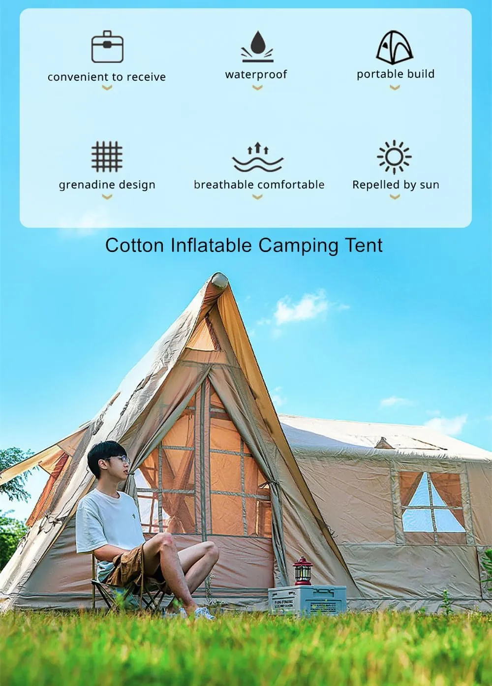 UNISTRENGH Waterproof Pop Up Cotton Inflatable Tent Outdoor 5-8 People Thickened Rainproof Camping Tent Large Space Roof Tent