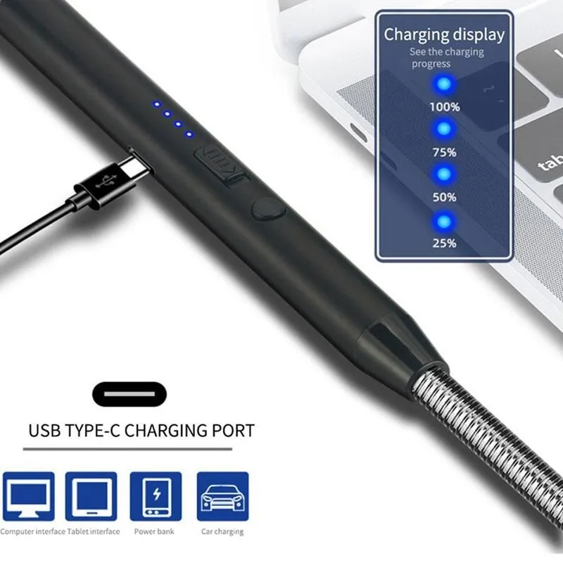 USB Electric Rechargeable Long BBQ Kitchen Gas Stove Lighter Windproof LED Plasma Arc Flameless Candle Unusual Lighters Outdoor