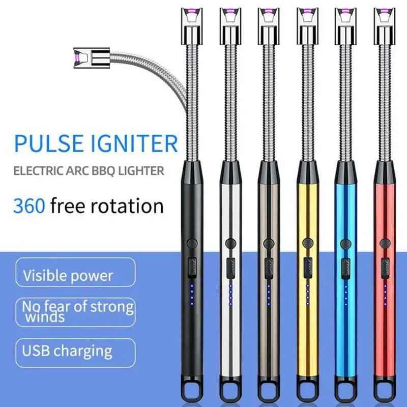 USB Electric Rechargeable Long BBQ Kitchen Gas Stove Lighter Windproof LED Plasma Arc Flameless Candle Unusual Lighters Outdoor