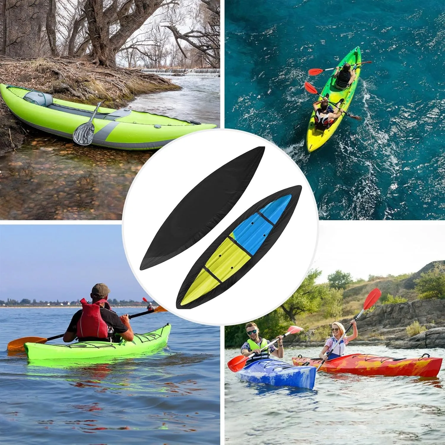 Uv-Resistant Kayak Protection 210d Heavy Duty Waterproof Kayak Cover with Drawstring Bag Uv-Resistant Protection Adjustable Straps Dustproof Tarp for Canoe & Paddle Board Storage Black L