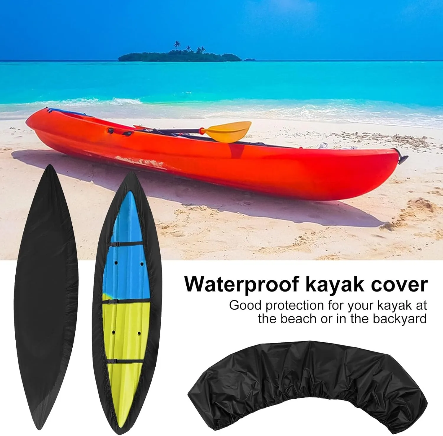 Uv-Resistant Kayak Protection 210d Heavy Duty Waterproof Kayak Cover with Drawstring Bag Uv-Resistant Protection Adjustable Straps Dustproof Tarp for Canoe & Paddle Board Storage Black L
