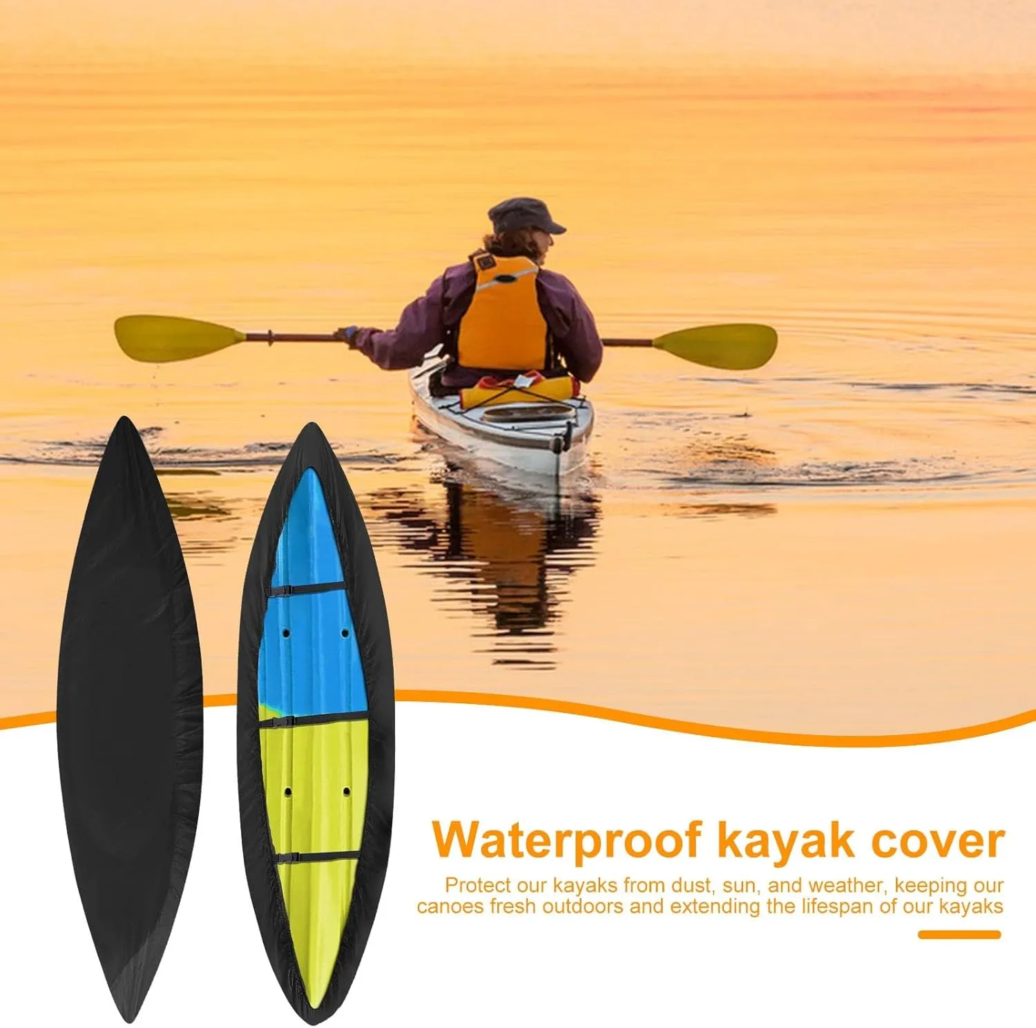 Uv-Resistant Kayak Protection 210d Heavy Duty Waterproof Kayak Cover with Drawstring Bag Uv-Resistant Protection Adjustable Straps Dustproof Tarp for Canoe & Paddle Board Storage Black L