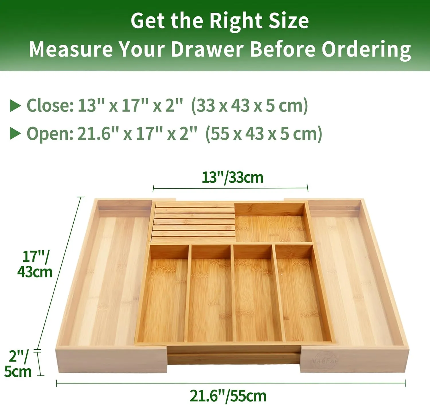 VaeFae Bamboo Silverware Drawer Organizer Kitchen, Expandable Utensil Organizer with Knife Block, Cutlery Tray with Divider, Multifunctional Wooden Drawer Organizer