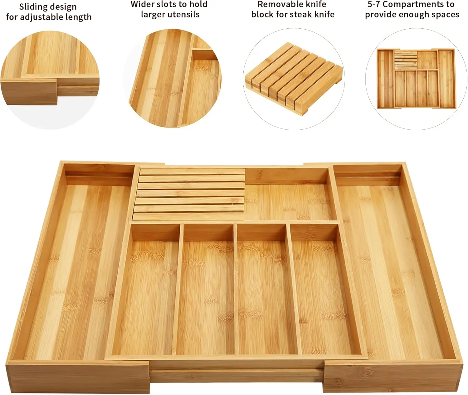 VaeFae Bamboo Silverware Drawer Organizer Kitchen, Expandable Utensil Organizer with Knife Block, Cutlery Tray with Divider, Multifunctional Wooden Drawer Organizer