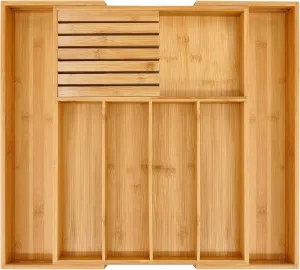 VaeFae Bamboo Silverware Drawer Organizer Kitchen, Expandable Utensil Organizer with Knife Block, Cutlery Tray with Divider, Multifunctional Wooden Drawer Organizer