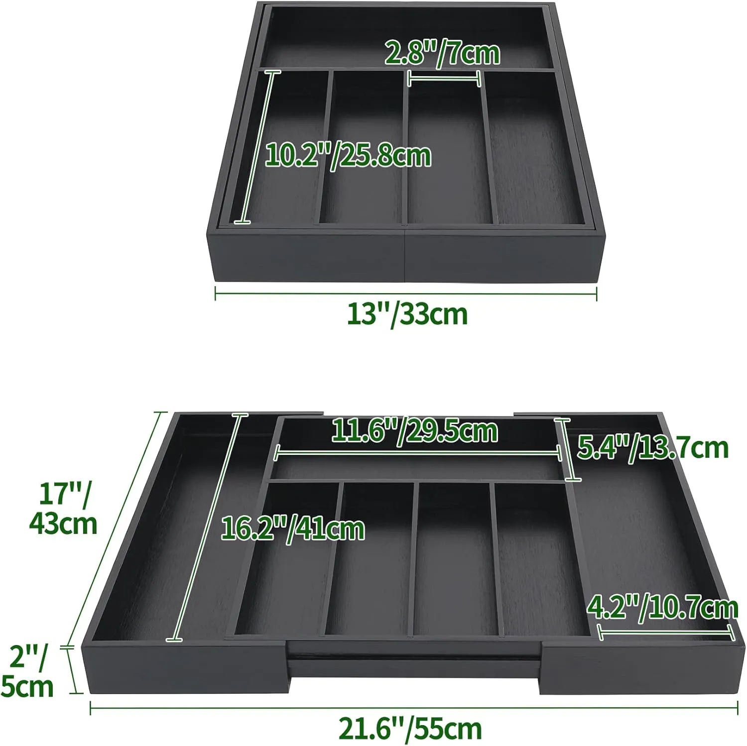 VaeFae Premium Bamboo Drawer Organizer, Expandable Silverware Drawer Organizer, Cutlery Tray with Dividers for Kitchen Utensils (Black, Large)