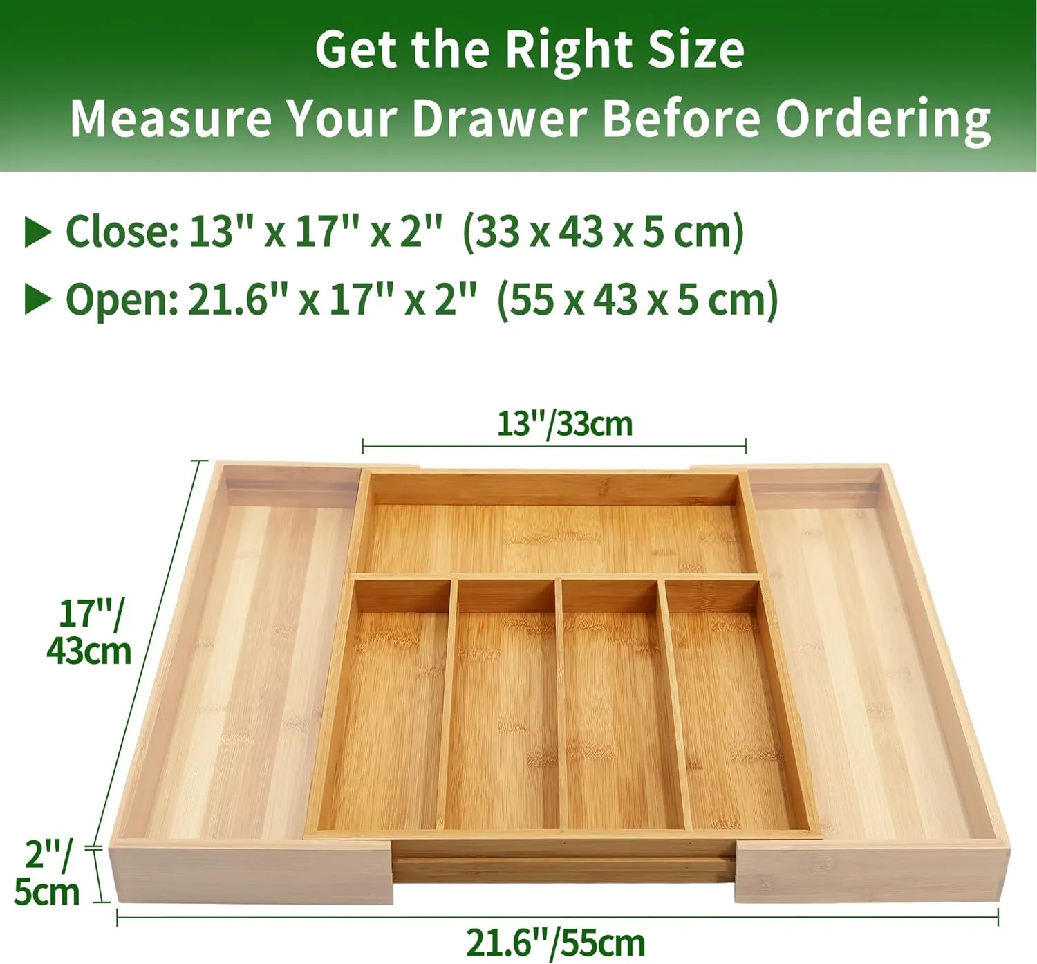 VaeFae Premium Bamboo Drawer Organizer, Expandable Silverware Drawer Organizer, Cutlery Tray with Dividers for Kitchen Utensils (Natural, Large)