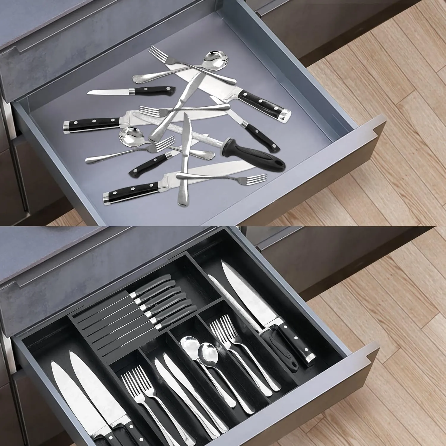 VaeFae Premium Bamboo Silverware Drawer Organizer Kitchen, Expandable Utensil Organizer with Knife Block, Cultery Tray with Divider for Flatware (Black)