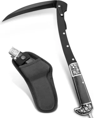 VALHALLA Folding Sickle, Black Sharp Folding Scythe with 2 Sections, Hand Sickle Knife Wooden Handle, Portable Safety Folding Sickle Knife with Sheath