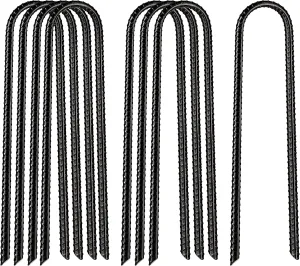 VASGOR 12” x 2” Trampolines Wind Stakes Black Powder Coated Rebar Steel - Heavy Duty U Shape Ground Anchors for Camping Tent - Garden Staples – Trampoline Pins - Sharp End (8)