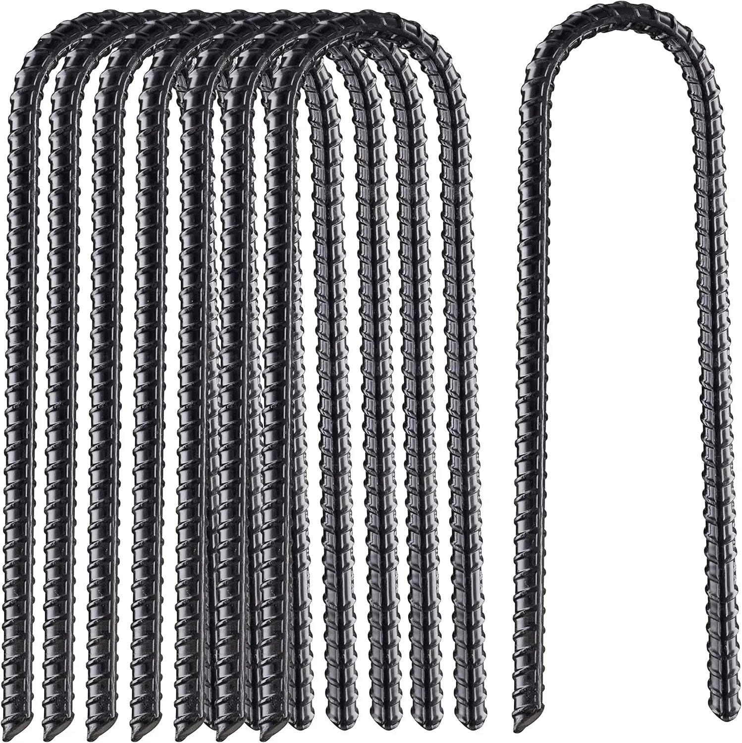 VASGOR 16” Extra Heavy Duty Trampoline Anchor Rebar Stakes U Shape, 1/2" Diameter Black Powder Coated Rebar Steel - Set of 8 Ground Anchors for Camping Tent - Garden Staples – Sharp End