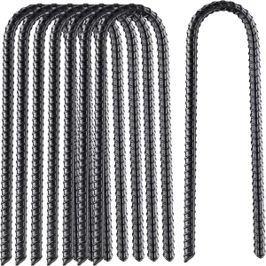 VASGOR 16” Extra Heavy Duty Trampoline Anchor Rebar Stakes U Shape, 1/2" Diameter Black Powder Coated Rebar Steel - Set of 8 Ground Anchors for Camping Tent - Garden Staples – Sharp End