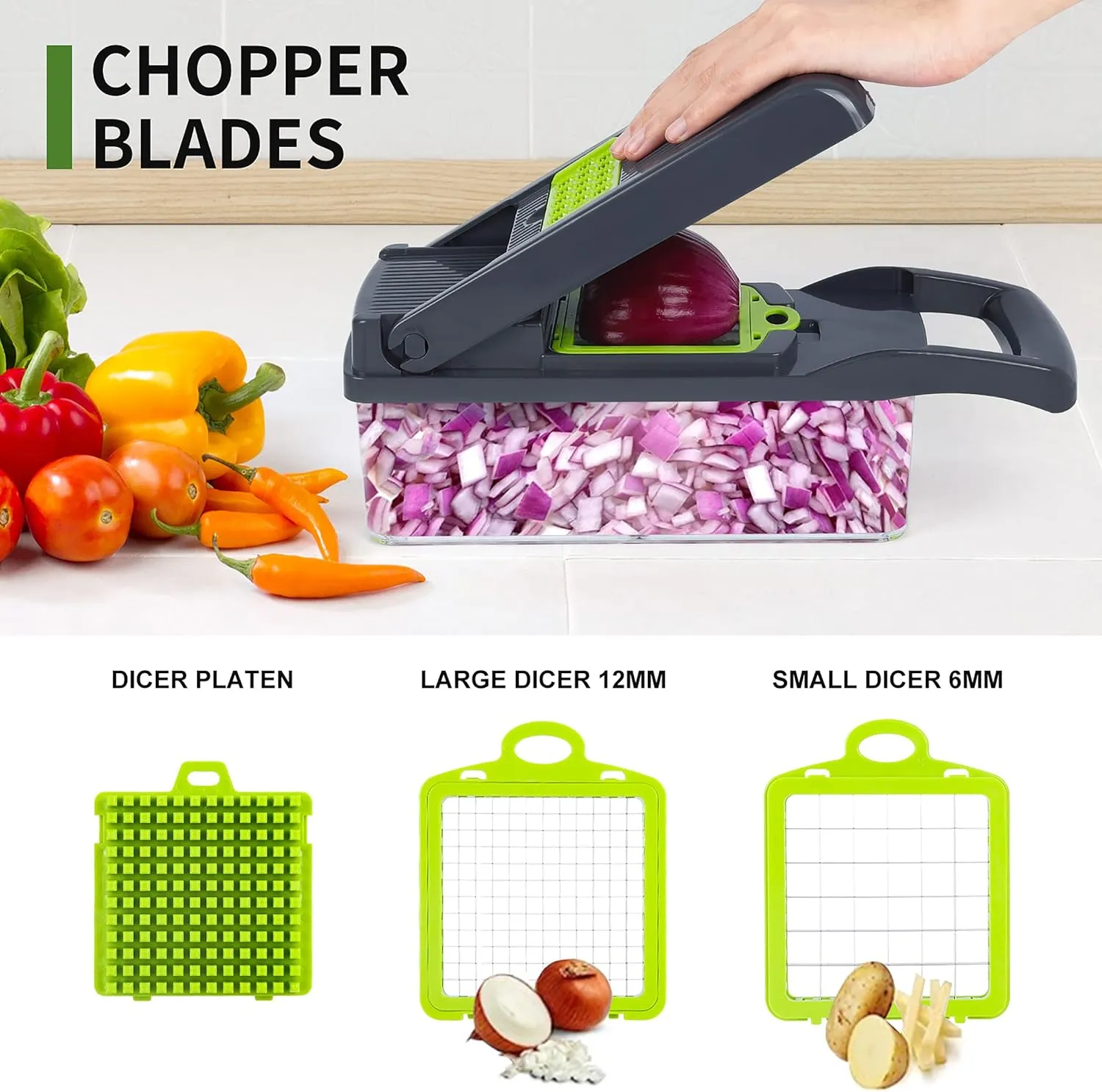 Vegetable Chopper Mandoline Slicer,Veggie Chopper, Multifunctional 10 in 1 Food Choppers, Kitchen Vegetable Slicer Dicer Cutter,Onion Mincer,Cheese Grater,Colander Basket,Kitchen Gadgets (Gray/Green)