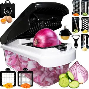 Vegetable Chopper With Container,16 In 1 Professional Slicer For Kitchen,Multifunctional Food Chopper For Potato, Tomato,Filter Water Hole,8 Blades,Black