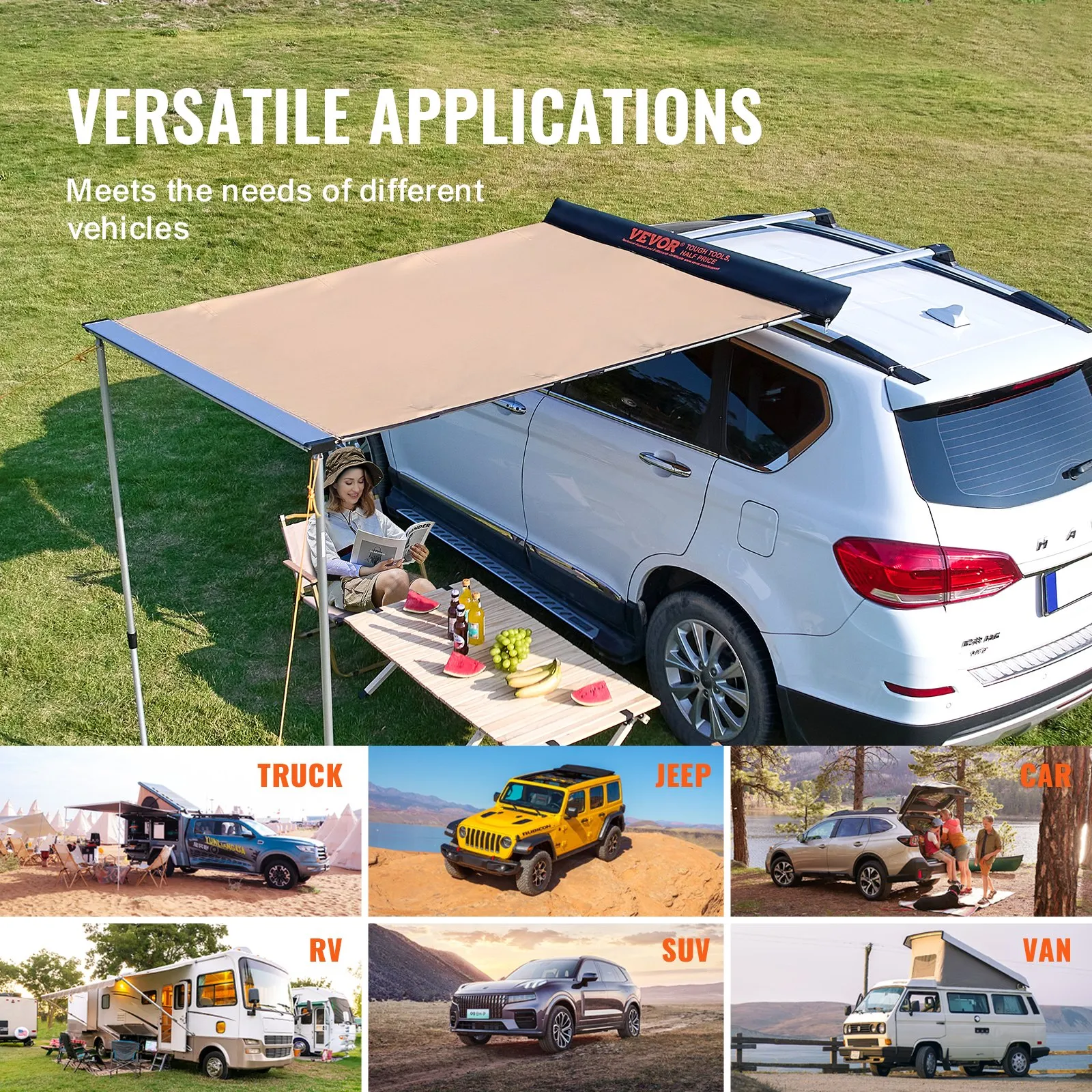 VEVOR Car Side Awning, Large 4.6'x6.6' Shade Coverage Vehicle Awning, PU3000mm UV50  Retractable Car Awning with Waterproof Storage Bag, Suitable for Truck, SUV, Van, Campers