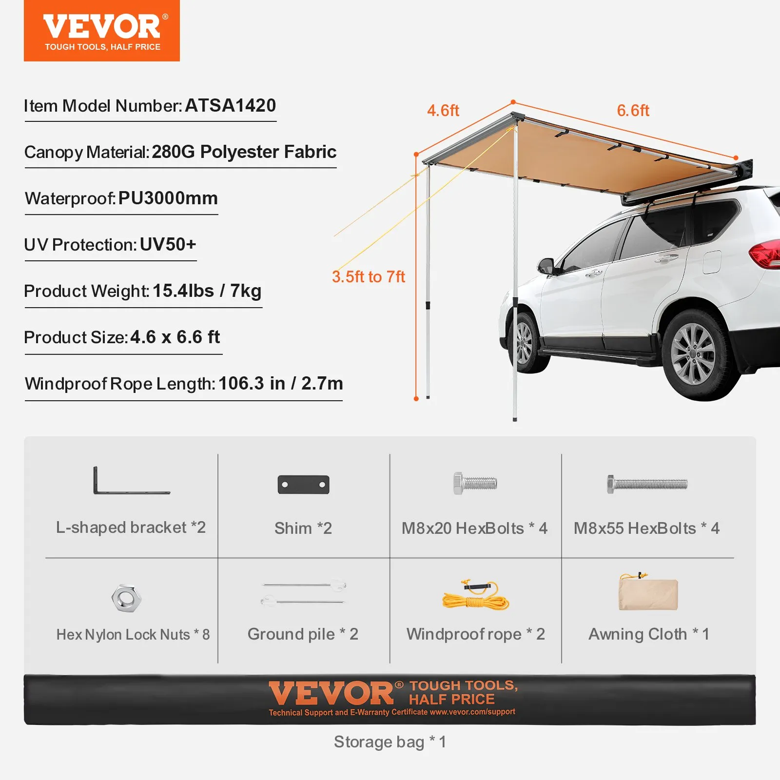 VEVOR Car Side Awning, Large 4.6'x6.6' Shade Coverage Vehicle Awning, PU3000mm UV50  Retractable Car Awning with Waterproof Storage Bag, Suitable for Truck, SUV, Van, Campers