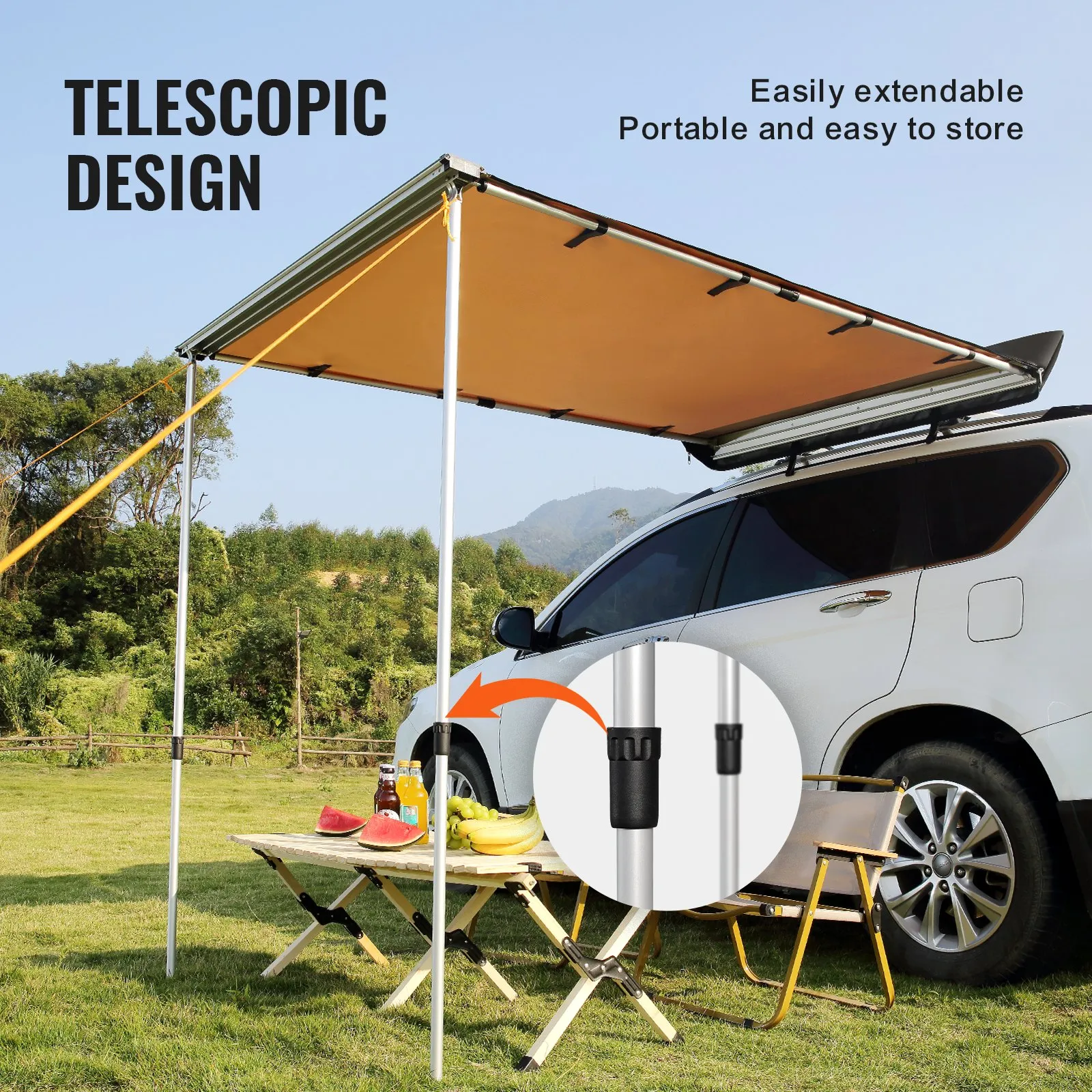 VEVOR Car Side Awning, Large 4.6'x6.6' Shade Coverage Vehicle Awning, PU3000mm UV50  Retractable Car Awning with Waterproof Storage Bag, Suitable for Truck, SUV, Van, Campers