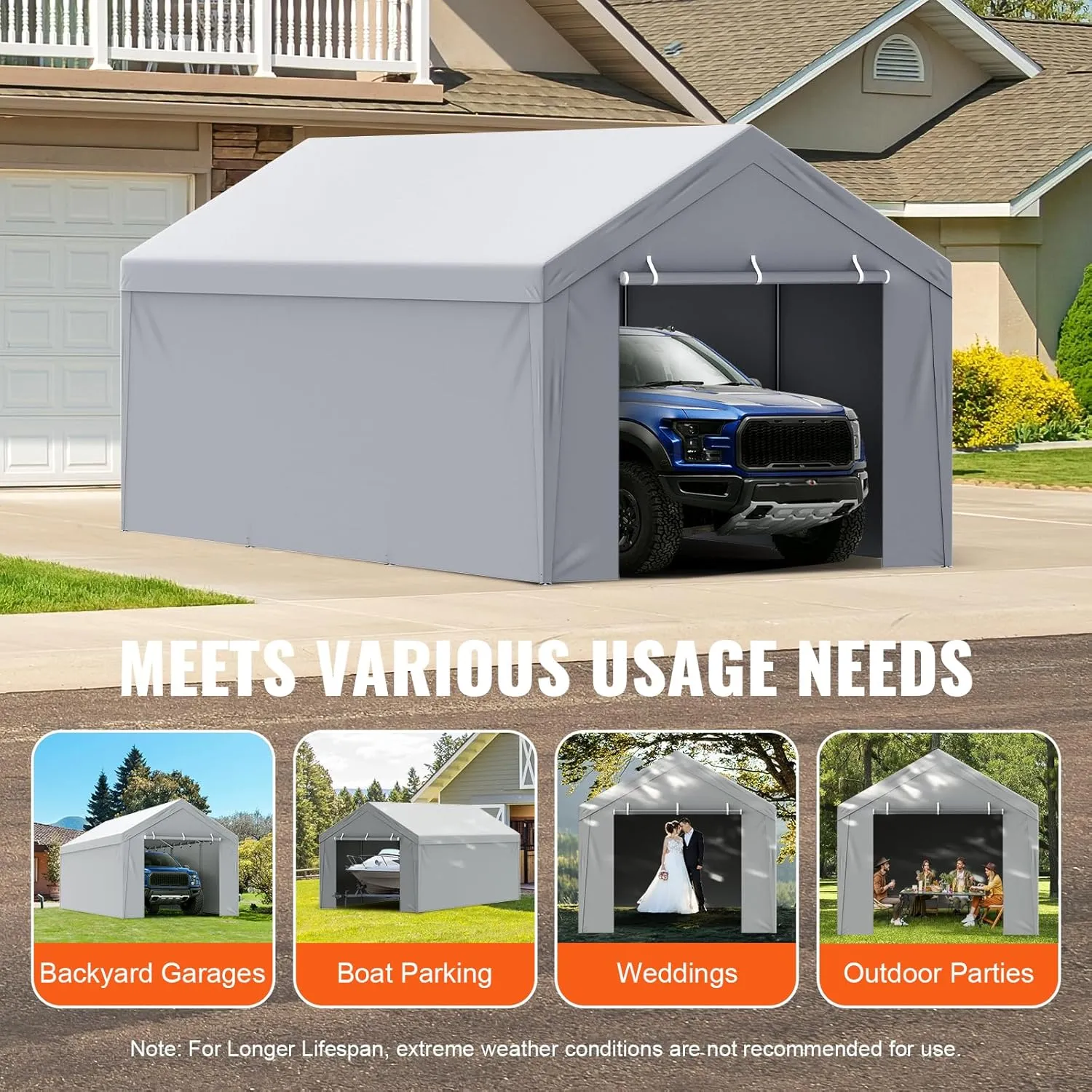 VEVOR Carport Replacement Canopy Cover Top   Side Wall 12 x 20 ft, Garage Tent Shelter Tarp Heavy-Duty Waterproof & UV Protected, Easy Installation with Ball Bungees,Grey (Frame Not Included)
