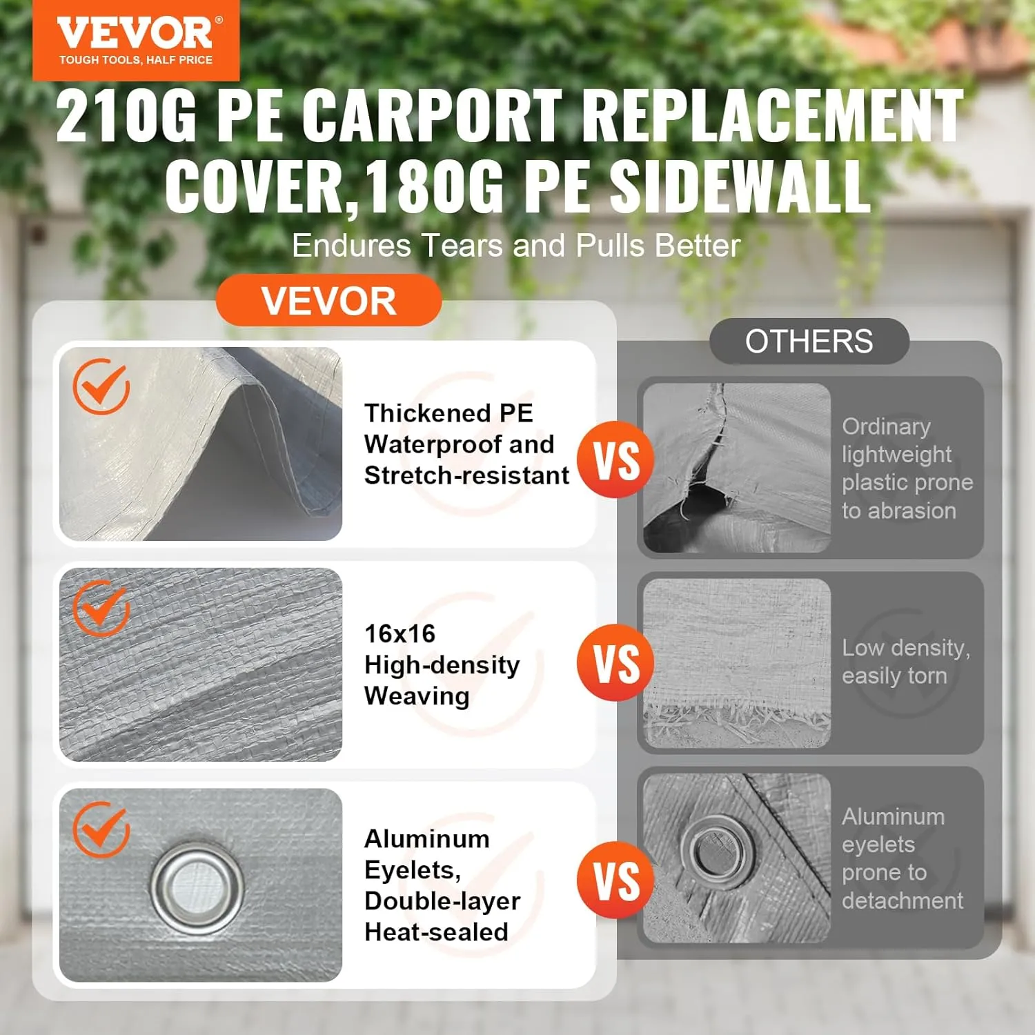 VEVOR Carport Replacement Canopy Cover Top   Side Wall 12 x 20 ft, Garage Tent Shelter Tarp Heavy-Duty Waterproof & UV Protected, Easy Installation with Ball Bungees,Grey (Frame Not Included)
