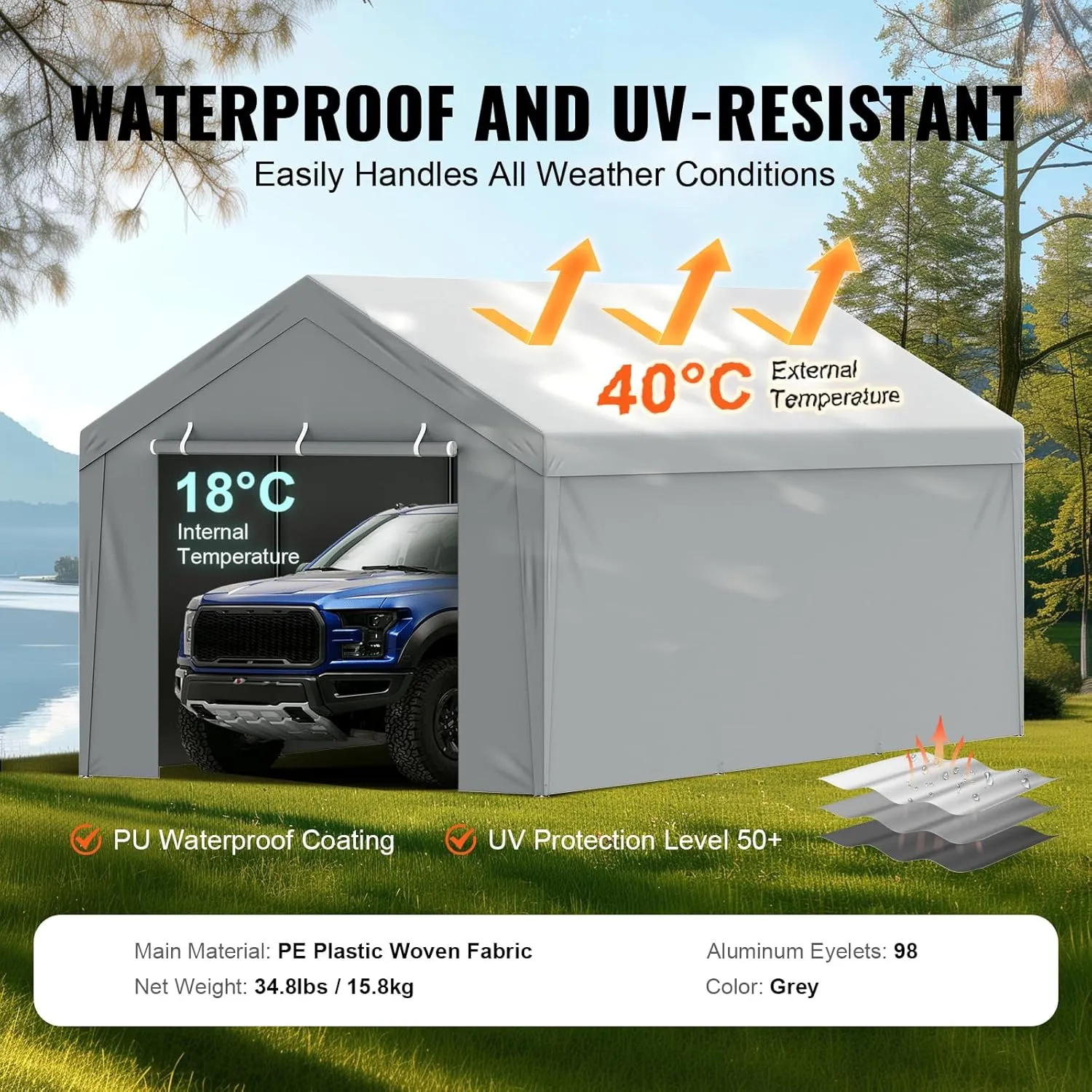 VEVOR Carport Replacement Canopy Cover Top   Side Wall 12 x 20 ft, Garage Tent Shelter Tarp Heavy-Duty Waterproof & UV Protected, Easy Installation with Ball Bungees,Grey (Frame Not Included)