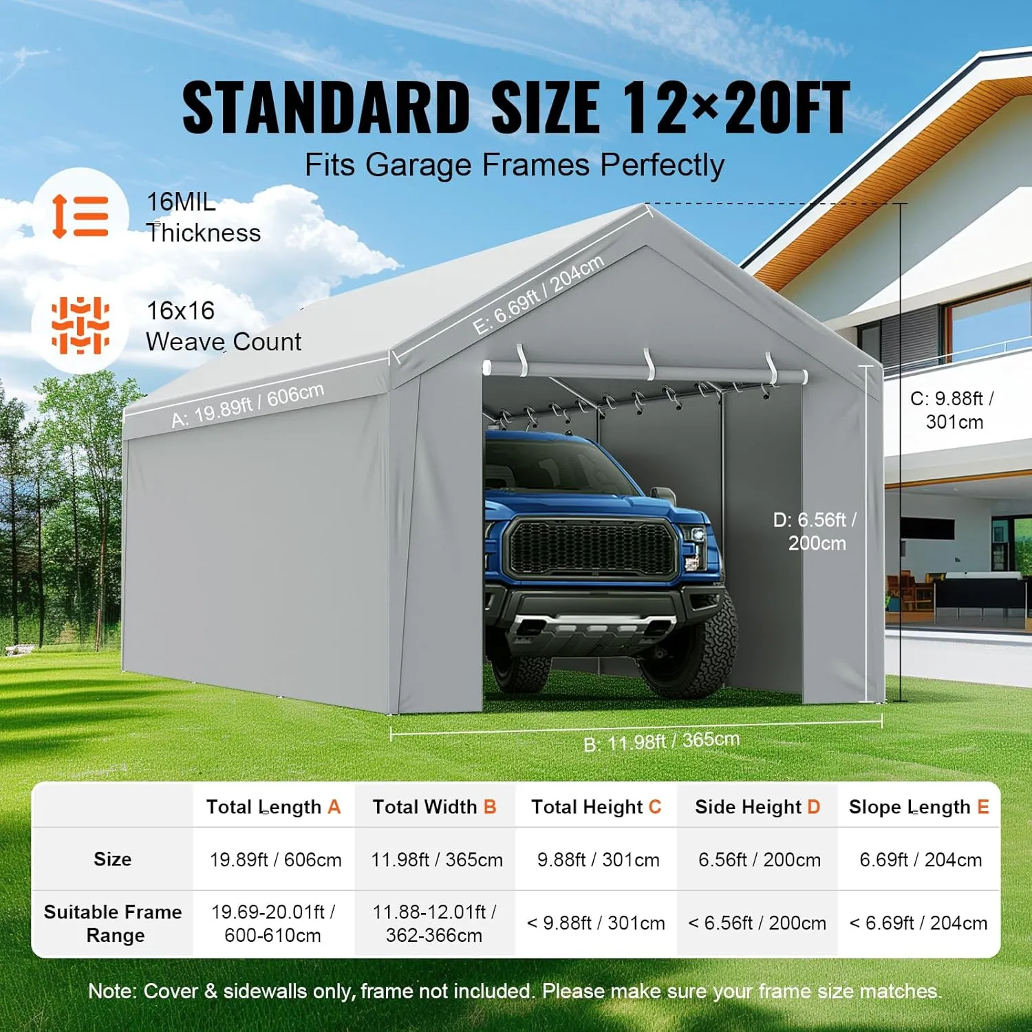 VEVOR Carport Replacement Canopy Cover Top   Side Wall 12 x 20 ft, Garage Tent Shelter Tarp Heavy-Duty Waterproof & UV Protected, Easy Installation with Ball Bungees,Grey (Frame Not Included)