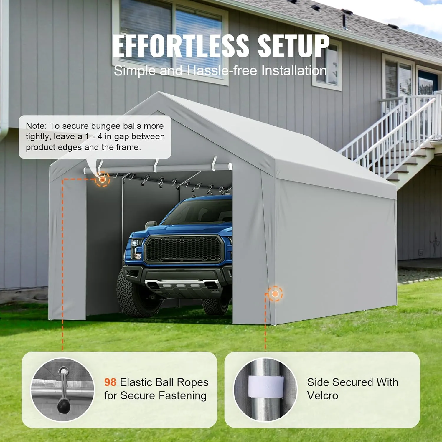 VEVOR Carport Replacement Canopy Cover Top   Side Wall 12 x 20 ft, Garage Tent Shelter Tarp Heavy-Duty Waterproof & UV Protected, Easy Installation with Ball Bungees,Grey (Frame Not Included)