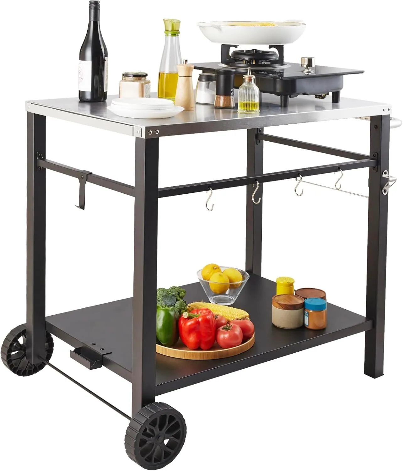 VEVOR Outdoor Grill Dining Cart with Double-Shelf, BBQ Movable Food Prep Table, Multifunctional Stainless Steel Table Top, Portable Modular Carts for Pizza Oven, Worktable with 2 Wheels, Carry Handle