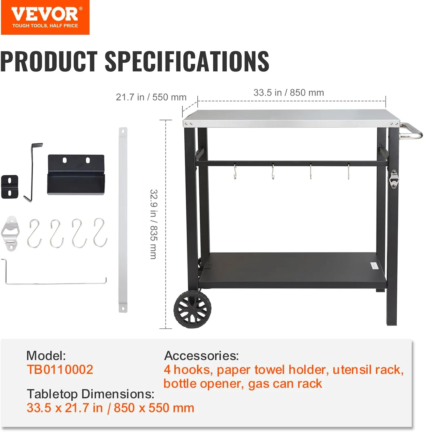 VEVOR Outdoor Grill Dining Cart with Double-Shelf, BBQ Movable Food Prep Table, Multifunctional Stainless Steel Table Top, Portable Modular Carts for Pizza Oven, Worktable with 2 Wheels, Carry Handle