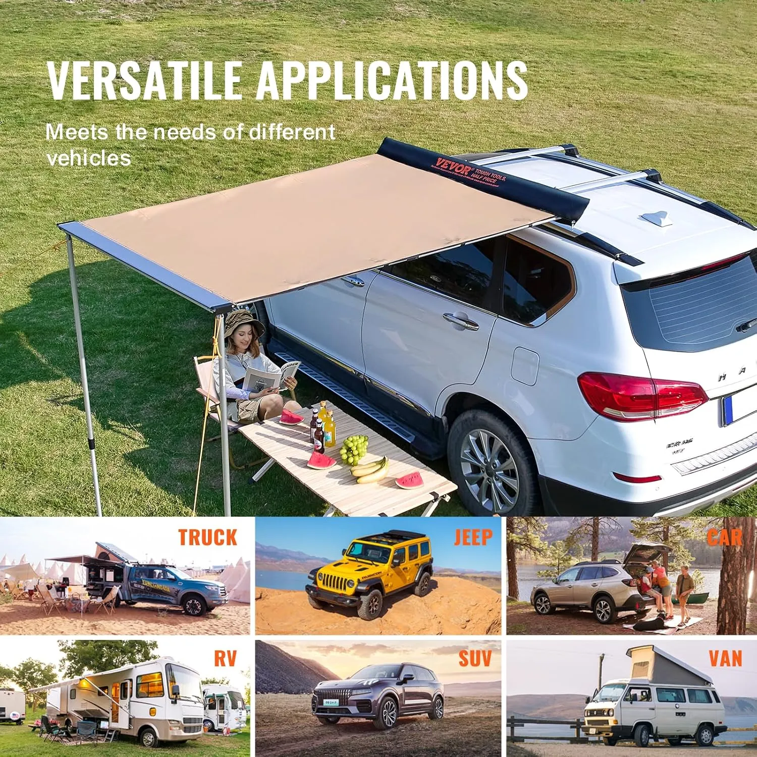 VEVOR Vehicle Awning 4.6'x6.6' Roof Rack Pull-Out Sun Shade UV50  PU3000mm, Retractable Weatherproof 4x4 Side Awning for SUV Outdoor Camping & Overland (Hardware Included), w/Waterproof Storage Bag