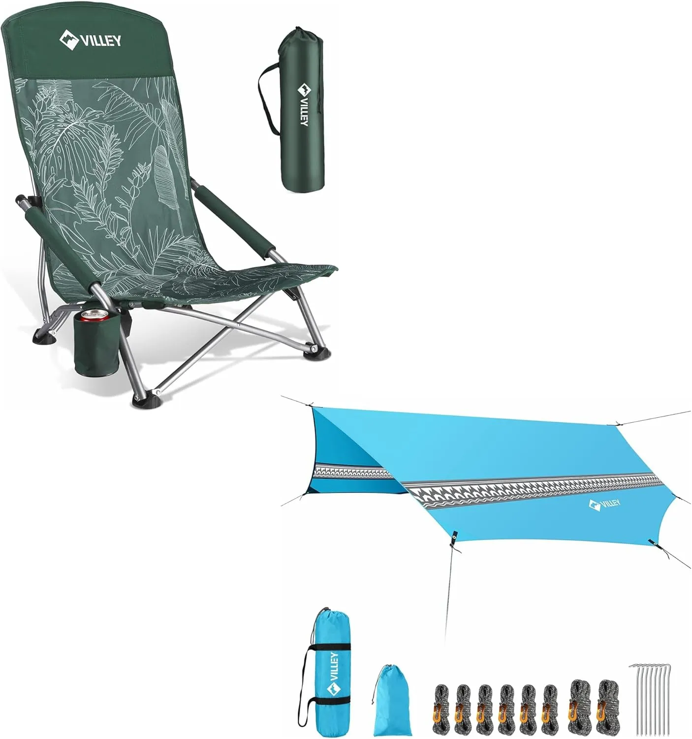 VILLEY Low Beach Chair, High Back Folding Beach Chair for Adults & Waterproof Hammock Tent Rain Fly