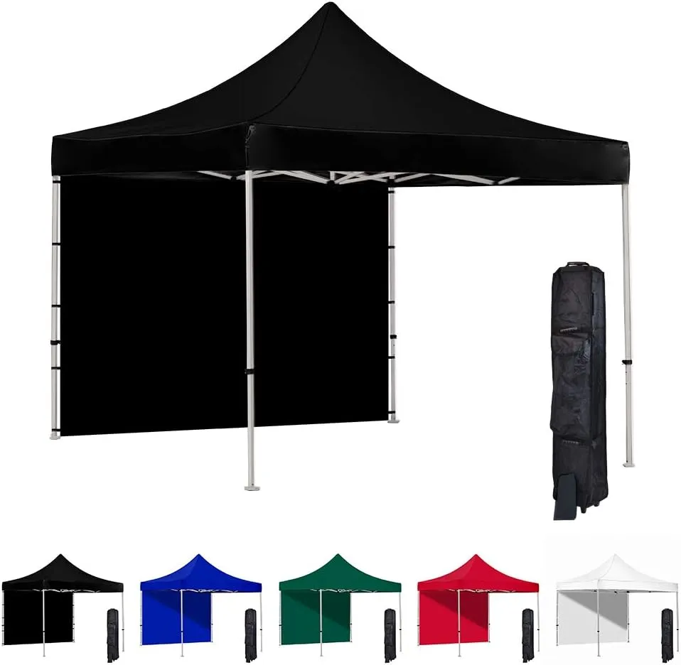 Vispronet 10x10 Pop Up Canopy Tent and Side Wall – Commercial Grade Steel Frame with Water-Resistant Canopy Top and Sidewall – Wheeled Canopy Bag and Stake Kit Included (Black)