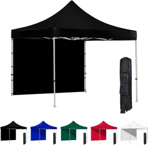 Vispronet 10x10 Pop Up Canopy Tent and Side Wall – Commercial Grade Steel Frame with Water-Resistant Canopy Top and Sidewall – Wheeled Canopy Bag and Stake Kit Included (Black)