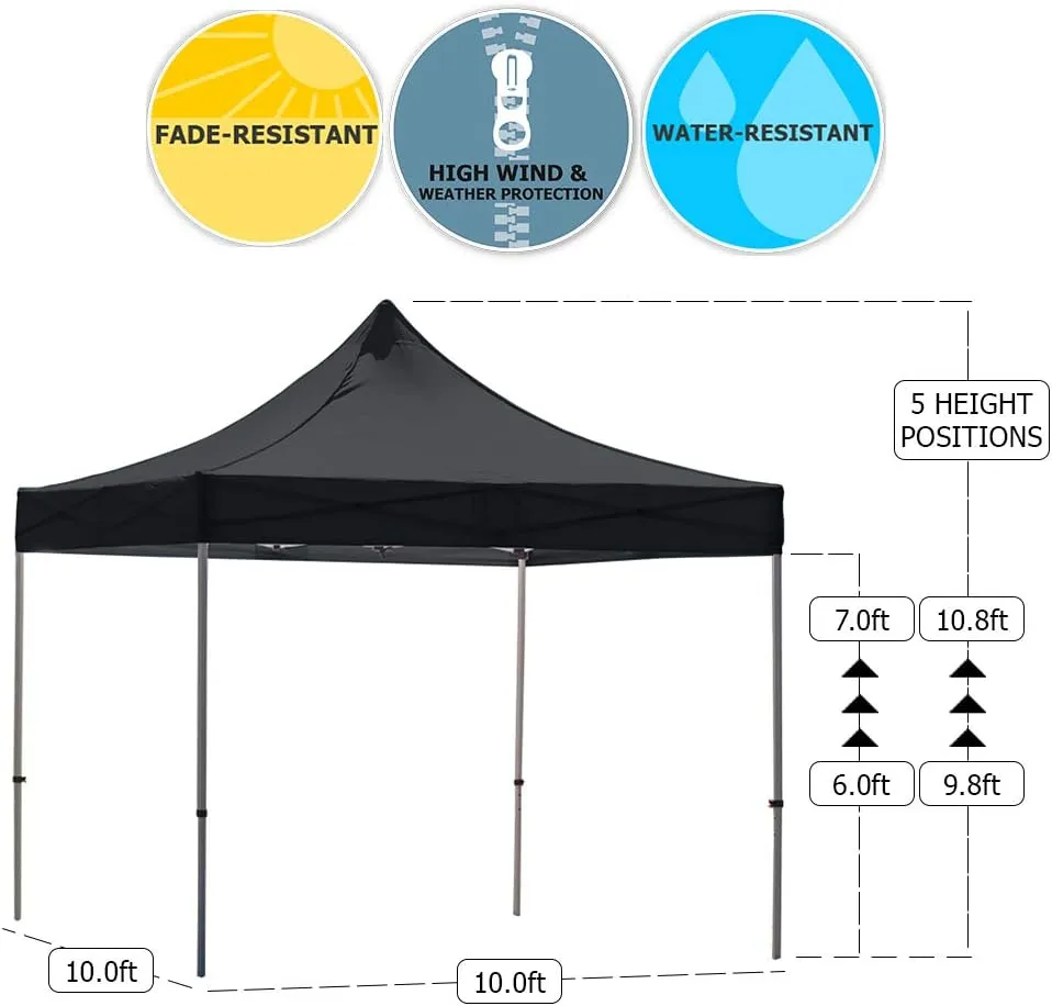 Vispronet 10x10 Pop Up Canopy Tent – Commercial Grade Steel Frame with Water-Resistant Polyester Fabric Top – Heavy Duty Wheeled Canopy Bag and Stake Kit Included (Black)
