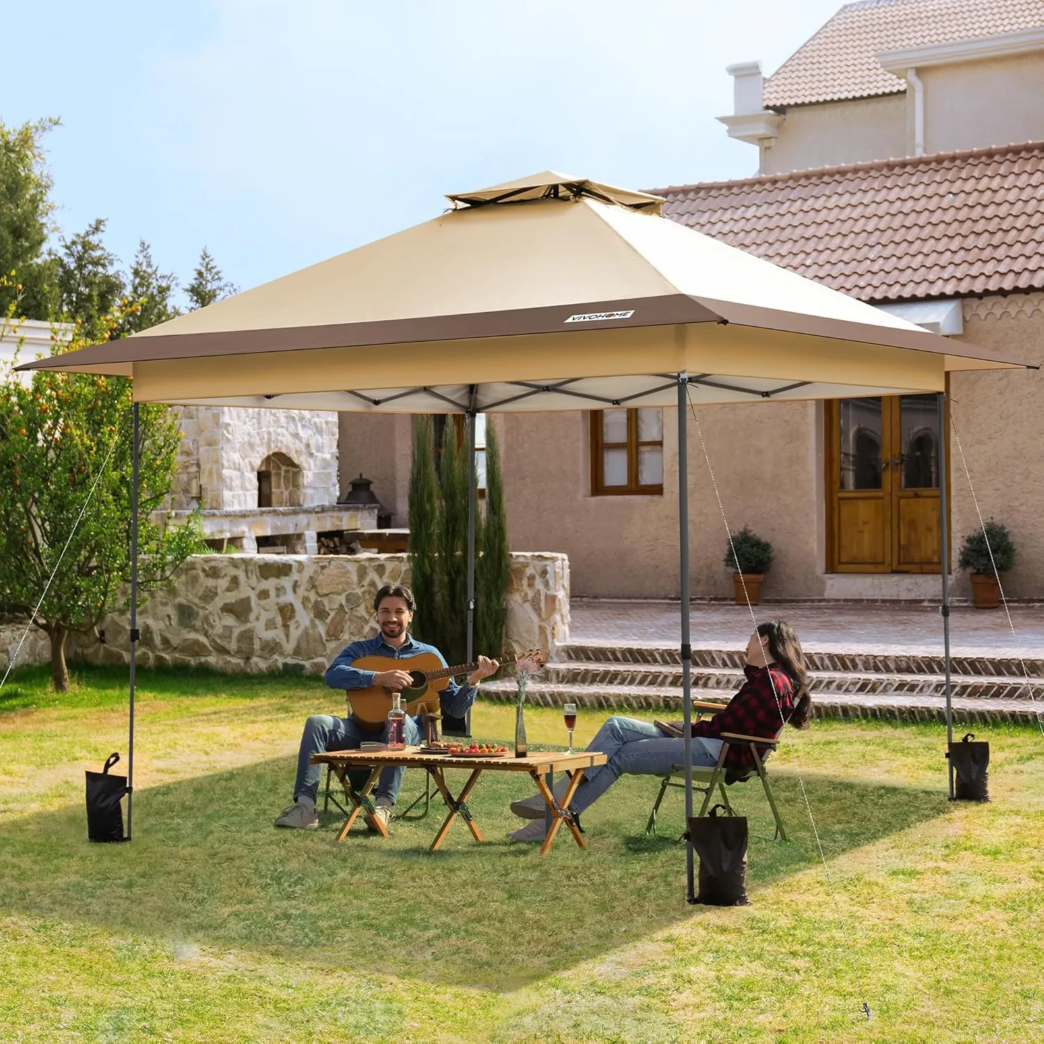 VIVOHOME 13x13ft Pop Up Canopy Tent One Push Setup Outdoor Portable Shelter Tent Heavy Duty with Wheel Carry Bag and 4 Sandbags, 169 Square Feet of Shade, Beige
